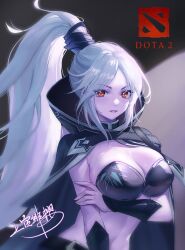 Rule 34 | 1girl, arm under breasts, black cloak, breasts, cloak, colored skin, commentary, dota (series), dota 2, drow ranger (dota), high ponytail, highres, jokanhiyou, large breasts, leaning to the side, linea alba, long hair, looking at viewer, midriff, navel, orange eyes, parted bangs, parted lips, purple skin, sidelocks, signature, solo, upper body, white hair