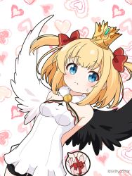Rule 34 | 1girl, asymmetrical wings, bare shoulders, bike shorts, black shorts, black wings, blonde hair, blue eyes, blush, bow, breasts, closed mouth, commentary, crown, dress, gift, hair bow, heart, heart background, highres, holding, holding gift, looking at viewer, marl (shironeko project), medium breasts, mini crown, mismatched wings, mitya, red bow, shironeko project, shorts, shorts under dress, simple background, sleeveless, sleeveless dress, sweat, twitter username, two side up, white background, white dress, white wings, wings