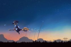 Rule 34 | apron, black hat, black skirt, blonde hair, boots, bow, broom, broom riding, full moon, hat, hat bow, kirisame marisa, kunochai, moon, night, night sky, power lines, puffy short sleeves, puffy sleeves, scenery, short sleeves, skirt, sky, solo, star (sky), star (symbol), starry sky, touhou, vest, waist apron, white bow, witch hat