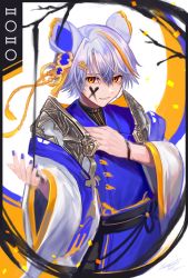Rule 34 | 1boy, animal ears, hand on own chest, highres, male focus, mouse boy, mouse ears, nail polish, nengajou, new year, nixtutyannh, orange eyes, original, outstretched arm, robe, silver hair
