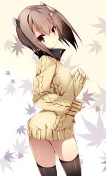 Rule 34 | 10s, 1girl, alternate costume, aran sweater, arched back, arms at sides, ass, brown eyes, brown hair, cable knit, gradient background, head tilt, headband, kantai collection, kobayashi chisato, leaf, leaf background, looking at viewer, maple leaf, matching hair/eyes, open mouth, short hair, sleeves past wrists, solo, sweater, taihou (kancolle), thighhighs, thighs