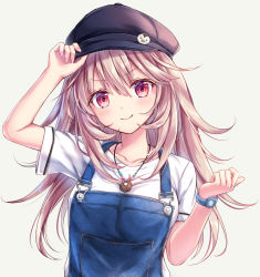 Rule 34 | 1girl, adjusting clothes, adjusting headwear, arm up, bad id, bad pixiv id, c:, cabbie hat, clenched hand, collarbone, commentary request, denim, eyes visible through hair, hair between eyes, hat, head tilt, jeans, jewelry, long hair, looking at viewer, nail polish, necklace, original, overalls, pants, red eyes, sidelocks, silver hair, simple background, smile, solo, suspenders, suyamori, watch, white background, wristwatch