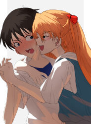 Rule 34 | 1boy, 1girl, absurdres, artist request, blue eyes, blush, face-to-face, hetero, highres, holding hands, hug, ikari shinji, looking at another, naughty face, neon genesis evangelion, open mouth, orange hair, red ribbon, ribbon, school uniform, shaded face, shadow, shirt, skirt, smile, souryuu asuka langley, suspender skirt, suspenders, teeth, tokyo-3 middle school uniform, white background, white shirt