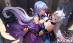 Rule 34 | 2girls, animal ears, backless dress, backless outfit, bare shoulders, black gloves, blue dress, blue hair, blurry, breast press, breasts, cleavage, dancing, depth of field, detached collar, dress, elbow gloves, feathers, fox ears, from above, gloves, grey hair, holding hands, jewelry, large breasts, light blue hair, long hair, looking at viewer, multiple girls, off-shoulder dress, off shoulder, one eye closed, original, patreon logo, patreon username, pink nails, purple dress, qblade, red eyes, ring, sidelocks, smile, symmetrical docking, very long hair, yuri