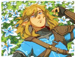Rule 34 | 1boy, armor, artist name, blonde hair, blue eyes, blue shirt, champion&#039;s tunic (zelda), commentary, ear piercing, english commentary, from above, highres, inktober, laenarra, link, looking up, lying, medium hair, nintendo, on ground, piercing, pointy ears, shirt, shoulder armor, sidelocks, silent princess, solo focus, the legend of zelda, the legend of zelda: tears of the kingdom