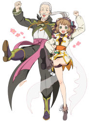 Rule 34 | 1boy, 1girl, :d, age difference, arm up, artist name, bad id, bad pixiv id, beard, bike shorts, blush, blush stickers, boots, brown hair, cape, clenched hand, dancing, closed eyes, facial hair, flower, full body, green eyes, hairband, hand on own hip, happy, highres, leg up, leia rolando, long hair, mustache, open mouth, pants, ponytail, rowen j. ilbert, shirt, short hair, smile, tales of (series), tales of xillia, triangle mouth, umishima senbon, white background, white hair