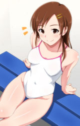 Rule 34 | 1girl, alternate hairstyle, bench, blush, breasts, brown eyes, brown hair, collarbone, competition school swimsuit, covered navel, futami mami, groin, hair down, hair ornament, hairclip, idolmaster, idolmaster (classic), long hair, matching hair/eyes, one-piece swimsuit, school swimsuit, sitting, small breasts, smile, solo, swimsuit, tengu (tetuo kun), thigh gap, thighs, white school swimsuit, white one-piece swimsuit