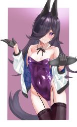 Rule 34 | 1girl, absurdres, animal ears, black bow, black gloves, black hair, black thighhighs, bow, collar, commentary request, detached collar, garter straps, gloves, hair over one eye, half gloves, highres, holding, holding tray, horse ears, horse girl, horse tail, jacket, leotard, long hair, long sleeves, off shoulder, open clothes, open jacket, playboy bunny, puffy long sleeves, puffy sleeves, purple background, purple eyes, purple leotard, rice shower (umamusume), solo, strapless, strapless leotard, tail, tatsumi yashiro, thighhighs, tray, two-tone background, umamusume, very long hair, white background, white collar, white jacket, wing collar