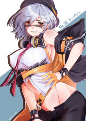 Rule 34 | 1girl, armpits, artist name, bare shoulders, black hat, black jacket, black pants, blue background, breasts, character name, commentary, covered erect nipples, cowboy shot, crop top, drop shadow, eyebrows hidden by hair, fedora, girls&#039; frontline, glasses, gloves, groin, hair between eyes, half gloves, hat, headphones, headphones around neck, highres, jacket, large breasts, looking at viewer, looking over eyewear, looking over glasses, navel, necktie, off shoulder, open fly, pants, red eyes, shirt, short hair, sidelocks, silver hair, sleeveless, sleeveless shirt, smile, smirk, solo, standing, stomach, sunglasses, teeth, thompson (girls&#039; frontline), tinted eyewear, tsubakiya setsuna, underbust, white background, yellow gloves