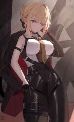 1girl absurdres black_gloves black_pants blonde_hair coat coat_on_shoulders collared_shirt elbow_gloves evelyn_chevalier gloves half_gloves hand_up highres mole mole_under_eye necktie pants parted_lips red_gloves sazanami_(re_n_rentaro) shirt sleeveless sleeveless_shirt solo standing tight_clothes tight_pants two-tone_gloves white_shirt yellow_necktie zenless_zone_zero