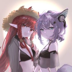 Rule 34 | 2girls, :d, :o, animal ear fluff, animal ears, arknights, bare shoulders, behind-the-head headphones, bikini, black bikini, blue eyes, braid, breasts, brown headwear, commentary request, fang, hair ornament, hair over shoulder, hat, headphones, hemorina, horns, horns through headwear, long hair, material growth, multiple girls, open mouth, oripathy lesion (arknights), parted lips, pointy ears, purple hair, red eyes, red hair, see-through, small breasts, smile, star (symbol), star hair ornament, straw hat, sussurro (arknights), sussurro (summer flower) (arknights), swimsuit, tail, twin braids, upper body, very long hair, vigna (arknights), vigna (casual vacation) (arknights)