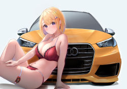 Rule 34 | 1girl, arm support, audi, blonde hair, bra, breasts, car, cleavage, commentary request, earrings, from side, fujinomiya rio, hair ornament, highres, jewelry, large breasts, lingerie, looking at viewer, looking to the side, motor vehicle, necklace, original, panties, purple eyes, red bra, red panties, short hair, simple background, solo, thigh strap, underwear, underwear only, white background