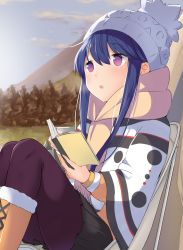 Rule 34 | 1girl, 53c, :o, beanie, beige scarf, black skirt, blue hair, blue sky, blush, book, boots, cloud, commentary, cross-laced footwear, day, fringe trim, fur-trimmed boots, fur trim, hair between eyes, hat, highres, holding, holding book, jacket, knee boots, lace-up boots, long hair, long sleeves, looking away, open book, outdoors, pantyhose, parted lips, pine tree, pleated skirt, purple eyes, purple pantyhose, scarf, shima rin, sidelocks, sitting, skirt, sky, solo, teeth, tree, upper teeth only, white hat, yurucamp