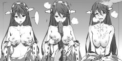 Rule 34 | 10s, 1girl, bad id, bad pixiv id, between breasts, blush, breast hold, breasts, greyscale, hand on another&#039;s head, haruna (kancolle), hjl, kantai collection, large breasts, male hand, monochrome, nipples, open mouth, paizuri, saliva, solo focus, torpedo