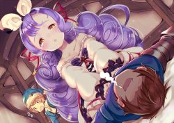 Rule 34 | 10s, 1girl, 2boys, :o, ^^^, armor, bare shoulders, blue hat, blush, brown eyes, brown hair, clenched hands, collarbone, dress, drooling, dutch angle, ear blush, faceless, faceless male, frilled dress, frills, gran (granblue fantasy), granblue fantasy, hairband, hat, indoors, long hair, looking at another, lying, morphe (granblue fantasy), multiple boys, off-shoulder dress, off shoulder, on back, open mouth, outstretched arms, phoebe (granblue fantasy), purple eyes, purple hair, saliva, shaded face, short hair, straddling, very long hair, wankoo-mikami, white dress