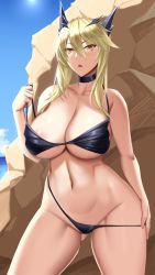 Rule 34 | 1girl, :o, akitsuki karasu, areola slip, artoria pendragon (fate), artoria pendragon (lancer alter) (fate), bare arms, bare shoulders, bikini, black bikini, black choker, blonde hair, breasts, choker, cleavage, collarbone, commentary request, cowboy shot, fate/grand order, fate (series), hair between eyes, highres, horns, large breasts, looking at viewer, medium hair, navel, open mouth, outdoors, solo, swimsuit, thighs, yellow eyes
