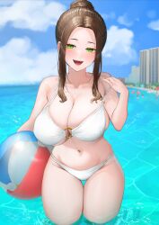 1girl absurdres ball beach_umbrella beachball bikini blurry blurry_background breasts brown_hair building cleavage cloud green_eyes hair_bun highres holding holding_ball holding_beachball large_breasts navel o-ring o-ring_top ocean open_mouth original rushian sidelocks sky skyscraper solo swimsuit thigh_gap umbrella water wet white_bikini