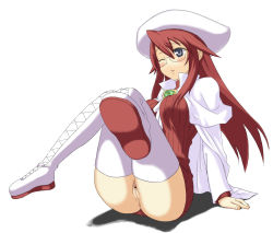 Rule 34 | 1girl, anus, aty, aty (summon night), blue eyes, blush, boots, breasts, cape, censored, cleft of venus, female pubic hair, glasses, hat, hou (hachiyou), legs, legs up, long hair, no panties, one eye closed, pointless censoring, pubic hair, pussy, red hair, sitting, solo, summon night, summon night 3, thighhighs, white footwear, wink