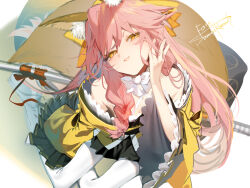 Rule 34 | 1girl, animal ear fluff, animal ears, bow, fate/samurai remnant, fate (series), fox ears, fox girl, fox tail, hair bow, highres, japanese clothes, kimono, long hair, looking at viewer, pink hair, short eyebrows, sleeves past wrists, smile, solo, tail, tamamo (fate), tamamo aria (fate), white bow, yellow bow, yellow eyes, yellow kimono, yomi 3252