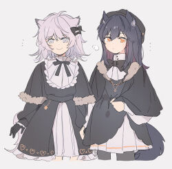 Rule 34 | 2girls, aged down, animal ears, arknights, black bow, black bowtie, black dress, black hair, bow, bowtie, capelet, closed mouth, commentary, cowlick, cropped legs, dress, fur-trimmed capelet, fur trim, grey eyes, grey hair, hair bow, lappland (arknights), looking at viewer, multiple girls, parted lips, seri (vyrlw), short hair, simple background, smile, tail, texas (arknights), visible air, white background, white hair, wolf ears, wolf girl, wolf tail, yellow eyes