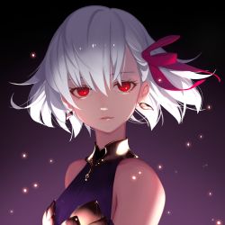 Rule 34 | 1girl, bare shoulders, commentary, dress, earrings, fate/grand order, fate (series), hair ribbon, jewelry, kama (fate), kama (first ascension) (fate), looking at viewer, pisu, purple dress, red eyes, ribbon, short hair, silver hair, solo