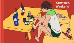 Rule 34 | 10s, 1boy, alcohol, bad id, bad pixiv id, barefoot, beer can, bottle, bowl, box, boxers, can, cereal, character name, controller, couch, drink can, eating, english text, facial hair, frosted flakes, goatee, kaburagi t. kotetsu, kellogg&#039;s, male focus, male underwear, newspaper, remote control, sitting, solo, sukreih, table, tiger &amp; bunny, tony the tiger, underwear, yellow upholstery