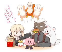 1boy 1girl artoria_pendragon_(all) artoria_pendragon_(fate) black_shirt blonde_hair buzz_cut cavall_ii_(fate) chibi crew_cut dark-skinned_male dark_skin dog emiya_alter emiya_alter_(formal_dress)_(fate) fate/grand_order fate_(series) food food_in_mouth kirby necktie saber_alter saber_alter_(ver._shinjuku_1999) shirt short_hair tsuchiya_madose very_dark_skin very_short_hair white_hair