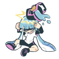 Rule 34 | &gt; &lt;, 1girl, bad id, bad pixiv id, bike shorts, blue hair, bucket, closed eyes, covering head, covering privates, fang, full body, hands on own head, inkling, inkling girl, inkling player character, long hair, masa0003, nintendo, paint, shirt, shoes, simple background, sitting, sneakers, solo, splatoon (series), splatoon 1, t-shirt, tears, tentacle hair, white background, white shirt