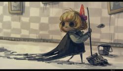 Rule 34 | 1girl, black eyes, blonde hair, bucket, cleaning, commentary, darkness, dripping, koto inari, letterboxed, mop, ribbon, rumia, sad, spoken squiggle, squiggle, touhou