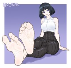 Rule 34 | 1girl, barefoot, black hair, blue eyes, feet, kivye, looking at viewer, medium hair, open mouth, sleeveless, soles, survival story of a sword king in a fantasy world, toes