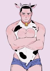 Rule 34 | 1boy, absurdres, alternate costume, animal ears, animal print, bara, bare shoulders, bell, black eyes, black hair, blush, bulge, buzz cut, chikuuu1450, chinese zodiac, cow boy, cow ears, cow horns, cow print, cowboy shot, crossed arms, denim, denim shorts, facial hair, fake animal ears, fake horns, golden kamuy, happy new year, highres, horns, large pectorals, leotard, leotard under clothes, pectoral cleavage, male focus, mature male, muscular, muscular male, neck bell, new year, pectorals, short hair, shorts, sideburns, sidepec, solo, stubble, thick thighs, thighs, tsukishima hajime, very short hair, year of the ox