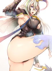 Rule 34 | 1girl, arm guards, armor, armpits, blue thighhighs, blush, breastplate, breasts, cleavage, cleavage cutout, clothing cutout, covered navel, fate/grand order, fate (series), gradient hair, grey eyes, grey leotard, hair between eyes, hair ornament, hairpin, highleg, highleg leotard, highres, huyan zhuo (fate), huyan zhuo (third ascension) (fate), large breasts, leotard, long hair, looking at viewer, multicolored hair, open mouth, pauldrons, shoulder armor, solo, thick thighs, thighhighs, thighs, tsukasawa takamatsu, very long hair, weapon, white hair