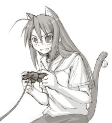 Rule 34 | 00s, 1girl, ahoge, animal ears, bell, cat ears, cat tail, controller, game console, game controller, gamepad, glasses, hasegawa chisame, kasuga yukihito, mahou sensei negima!, monochrome, playing games, sketch, solo, spot color, tail, tail bell, tail ornament, video game