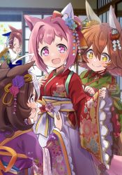 Rule 34 | + +, 4girls, :d, animal ears, arm up, blush, bow, breasts, brown hair, closed eyes, closed mouth, commentary request, daruma doll, ear bow, ema, floral print, flower, flower-shaped pupils, gloves, green kimono, hair between eyes, hair bun, hair flower, hair ornament, hakama, hakama skirt, haru urara (first urara saku sakura) (umamusume), haru urara (umamusume), highres, hizuki yayoi, horse ears, horse girl, horse tail, japanese clothes, kimono, long sleeves, matikanefukukitaru (chance encounters can be a blessing) (umamusume), matikanefukukitaru (umamusume), medium breasts, meisho doto (padding sores should she go flying) (umamusume), meisho doto (umamusume), multicolored hair, multiple girls, official style, open mouth, pinching sleeves, pink hair, print kimono, profile, purple kimono, red bow, red kimono, single hair bun, skirt, sleeves past wrists, smile, symbol-shaped pupils, t.m. opera o (blue dazzle) (umamusume), t.m. opera o (umamusume), tail, two-tone hair, umamusume, white gloves, white hair, white hakama, wide sleeves, yellow flower