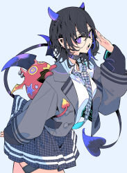 Rule 34 | 1girl, absurdres, belt collar, black hair, black skirt, buttons, collar, collared jacket, collared shirt, commentary, cowboy shot, demon horns, demon tail, double-breasted, ear piercing, grey background, grey jacket, hair between eyes, highres, horns, ichinose uruha, jacket, long sleeves, multicolored hair, necktie, open clothes, open jacket, open mouth, piercing, pleated skirt, round eyewear, shirt, simple background, skirt, solo, tail, tetsu booya, virtual youtuber, vspo!, white shirt
