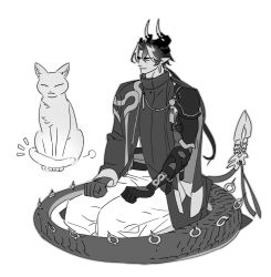 Rule 34 | 1boy, aiguillette, animal, arknights, armor, cat, chong yue (arknights), closed eyes, closed mouth, commentary request, dragon boy, dragon horns, dragon tail, earrings, full body, greyscale, horns, jewelry, jjeobjjeobdogta (wjqwjqehrxk), korean commentary, long hair, long sleeves, long tail, low ponytail, male focus, monochrome, multicolored hair, pauldrons, pointy ears, rerebrace, ribbon, seiza, shoulder armor, simple background, single sleeve, sitting, smile, solo, streaked hair, tail, tail ornament, tail ribbon, white background