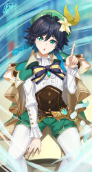 Rule 34 | 1boy, :o, absurdres, anemo (genshin impact), arm support, between legs, black hair, blue bow, blue hair, blurry, blurry background, blush, bow, braid, cape, collared shirt, commentary, cowboy shot, english commentary, flower, frilled sleeves, frills, genshin impact, gradient hair, green cape, green eyes, green hat, green shorts, hair between eyes, hand between legs, hat, hat flower, head tilt, highres, index finger raised, long sleeves, looking at viewer, male focus, medium hair, multicolored hair, nez-box, pantyhose, shadow, shirt, short shorts, shorts, sidelocks, signature, sitting, solo, striped, striped bow, twin braids, venti (genshin impact), vision (genshin impact), white pantyhose, white shirt