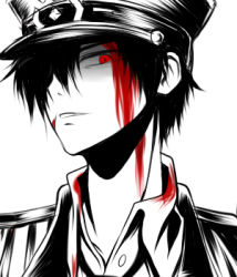 Rule 34 | 1boy, bad id, bad pixiv id, black hair, blood, edan (elsword), elsword, hat, lowres, lte, male focus, raven cronwell, red eyes, solo, spot color, white background