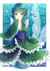 Rule 34 | 1girl, animal ears, blue eyes, blue hair, blush, breasts, bubble, cleavage, fins, fish, hand to own mouth, head fins, japanese clothes, kimono, long sleeves, looking at viewer, matching hair/eyes, medium breasts, mermaid, monster girl, obi, open mouth, sash, short hair, sleeves past wrists, solo, suzuna951031, suzuna (mark of luck), touhou, underwater, wakasagihime, wide sleeves