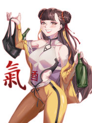 1girl, absurdres, bag, bandage, bangs, bare shoulders, black survival, blunt bangs, blush, bottle, braid, braided bun, brown eyes, brown hair, bruce lee&#039;s jumpsuit, chinese clothes, colive, collarbone, contrapposto, double bun, drawstring, dudou, hair ribbon, highres, holding, holding bag, holding bottle, jacket, li dailin, lips, long hair, long sleeves, looking at viewer, midriff, nail polish, off shoulder, open clothes, open jacket, pants, plastic bag, red nails, red ribbon, ribbon, simple background, sleeveless, solo, very long hair, white background, yellow jacket, yellow pants, yellow ribbon