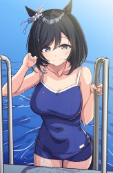 Rule 34 | 1girl, animal ears, backlighting, black hair, blue eyes, blue one-piece swimsuit, bow, breasts, closed mouth, collarbone, competition school swimsuit, covered navel, ear ribbon, eishin flash (umamusume), garukichi, hair between eyes, highres, horse ears, horse girl, horse tail, large breasts, long hair, looking at viewer, one-piece swimsuit, pool, ribbon, school swimsuit, short hair, smile, solo, swept bangs, swimsuit, tail, thighs, umamusume, wading, water, wet, white ribbon