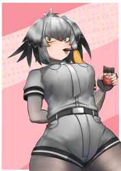 Rule 34 | 1girl, arm behind back, belt, black gloves, blonde hair, bodystocking, candy, chocolate, chocolate bar, commentary, fingerless gloves, food, food in mouth, gloves, grey necktie, grey shirt, grey shorts, hair between eyes, head wings, high-waist shorts, highres, john (a2556349), kemono friends, looking at viewer, mouth hold, multicolored hair, necktie, pantyhose, shirt, shoebill (kemono friends), short hair, short shorts, short sleeves, shorts, single sidelock, solo, thick thighs, thighs, two-tone hair, valentine, wings, yellow eyes