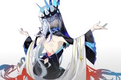 Rule 34 | 1girl, aokiku, back tattoo, backless dress, backless outfit, black veil, blue eyes, braid, crown, dress, facing away, fate/grand order, fate (series), highres, long hair, looking back, morgan le fay (fate), platinum blonde hair, simple background, solo, tattoo, two-tone dress, upper body, veil, white background, wide sleeves
