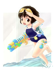 Rule 34 | barefoot, bottle, brown eyes, brown hair, child, dutch angle, goggles, highres, ironiso, one-piece swimsuit, running, salute, short hair, solo, swimsuit, wading, water, water balloon, water bottle, water gun