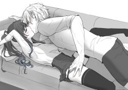 Rule 34 | 1boy, 1girl, blue eyes, blush, carrot (robosquat), couch, couple, hetero, kiss, long hair, looking at another, miniskirt, monochrome, open mouth, original, panties, panty pull, ponytail, shirt, skirt, spot color, sweat, t-shirt, thighhighs, underwear