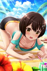 Rule 34 | 1girl, absurdres, all fours, alternative girls, beach, black shorts, blush, breasts, brown hair, cleavage, day, hair ornament, highres, looking at viewer, ocean, official art, open mouth, sandals, short hair, shorts, solo, sunlight, tachibana naomi, tropical drink, yellow eyes