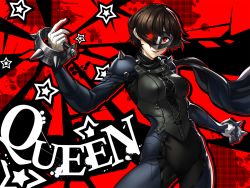 Rule 34 | 10s, 1girl, bodysuit, breasts, brown hair, character name, female focus, glowing, highres, mask, niijima makoto, persona, persona 5, red eyes, scarf, short hair, shoulder spikes, solo, spiked knuckles, spikes, torio (mocd1985)