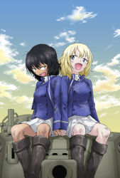 Rule 34 | 10s, 2girls, andou (girls und panzer), arl-44, bc freedom military uniform, black footwear, black hair, blonde hair, blue eyes, blue jacket, blue vest, boots, brown eyes, cloud, cloudy sky, dark-skinned female, dark skin, day, dirty, girls und panzer, high collar, jacket, long sleeves, looking at another, looking back, military, military uniform, military vehicle, miniskirt, motor vehicle, multiple girls, on vehicle, open mouth, oshida (girls und panzer), outdoors, pleated skirt, rents (akirents), short hair, side-by-side, sitting, skirt, sky, smile, tank, uniform, vest, white skirt