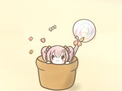 Rule 34 | 1girl, :o, beige background, blush, candy, chibi, commentary request, flower knight girl, flower pot, food, hair ornament, heart, heart hair ornament, highres, iberis (flower knight girl), in container, koti, light purple hair, lollipop, looking at viewer, open mouth, smile, solid oval eyes, solo, swirl lollipop, twintails, wrapped candy