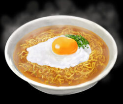 black_background bowl egg food food_focus lowres nissin_chicken_ramen no_humans noodles original ramen realistic simple_background steam still_life yajirushi_(yajiru4)